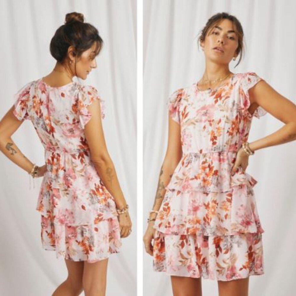 Hayden NWT Romantic Floral Tiered Flutter Sleeve Dress Women's Size M